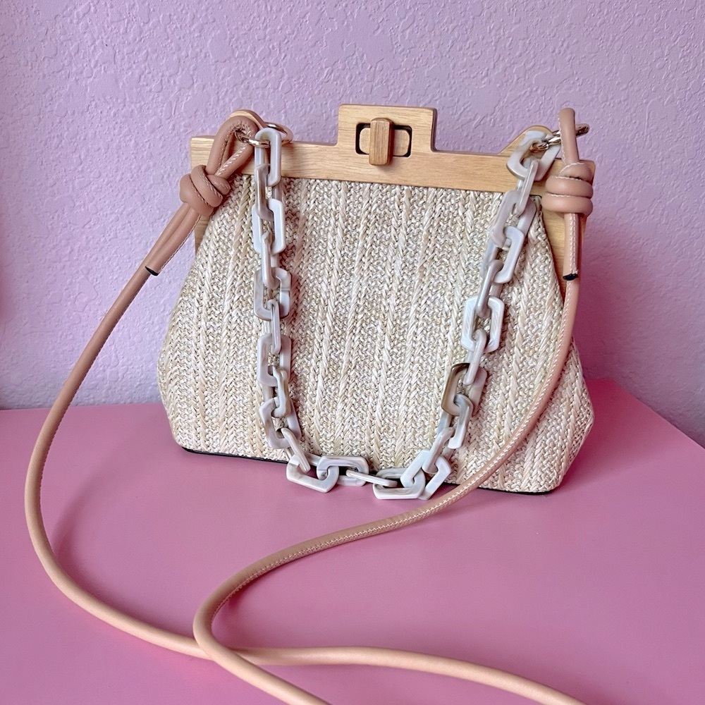Vintage Style Wood & Woven Bag with Detachable Chain Strap